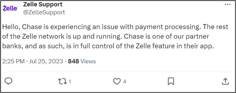 Message from Zelle support indicating a Chase outage.